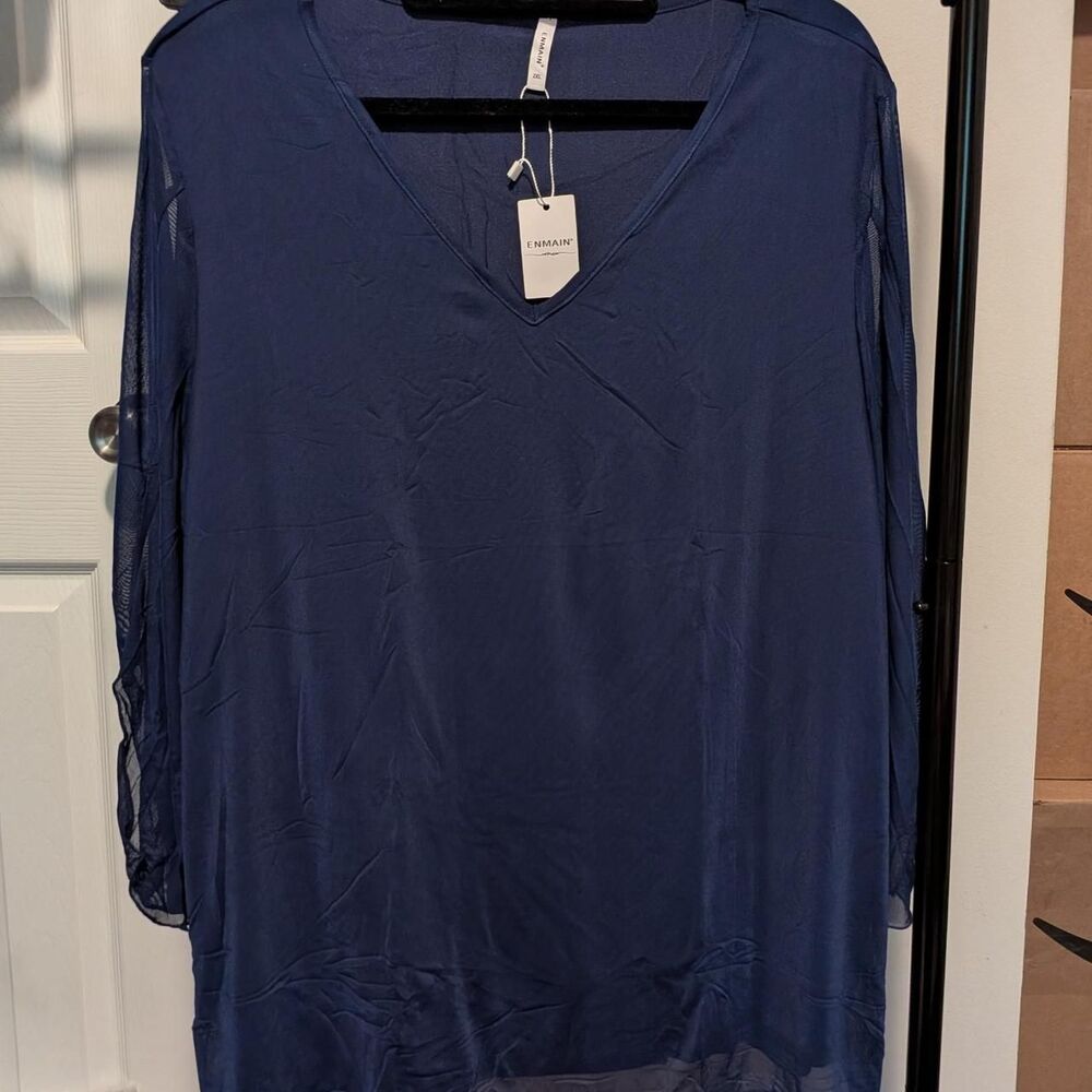 Enmain navy blue mesh long sleeve top with sheer sleeves